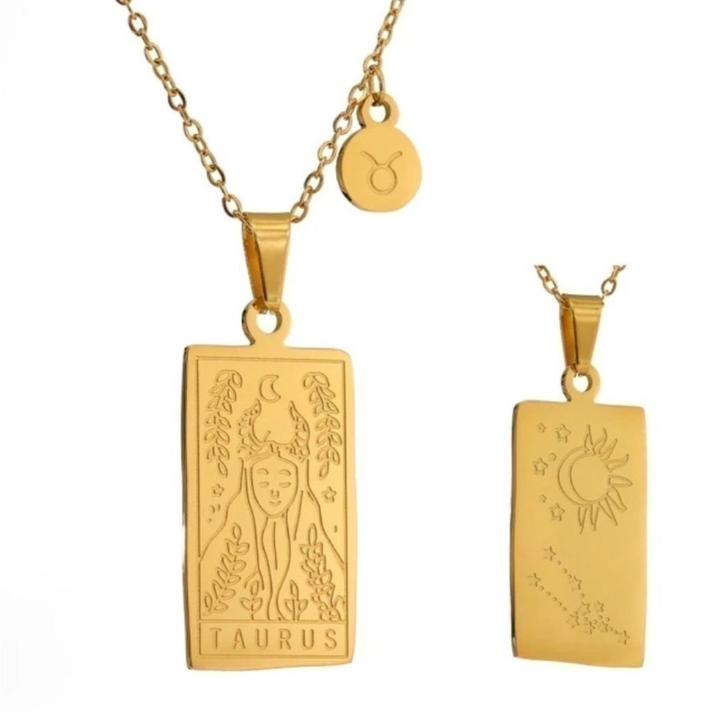 NEW 18K Gold Plated Taurus Zodiac Sign Rectangle Pendant Necklace